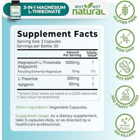 Magnesium LThreonate Complex with Apigenin and Ltheanine 90 Capsules Patented Magtein Supplement