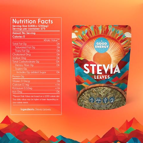 It's Good Energy Stevia Leaves Natural Sweetener 0 Calories 100% Whole Leaves Keto Friendly Vegan Sugar Alternative No Additives Rich in Antioxidants 3.17 oz