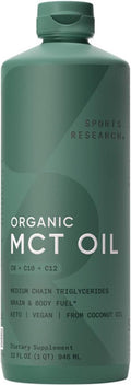 Sports Research Keto Mct Oil From Organic Coconuts - Fatty Acid Fuel For Body + Brain Triple Ingredient C8 C10 C12 Mcts Perfect In Coffee Tea & More Non-Gmo Vegan Unflavored (32 Oz)