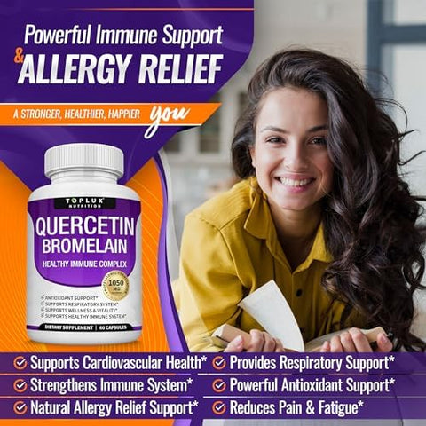 Toplux Quercetin With Bromelain And Zinc 1050Mg Advanced Immune Support Supplement Supports Antioxidant Immune System For Men Women 60 Capsules