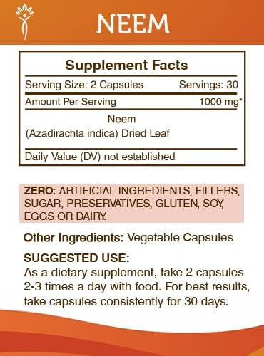 Secrets of the Tribe Neem 60 Capsules, 1000 mg, Neem (Azadirachta Indica) Dried Leaf (60 Capsules)