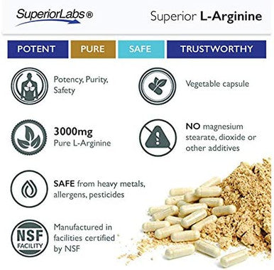 Superior Labs Pure LArginine Free Form Optimal 3000mg Dosage 150 Vegetable Capsules Supports Vasodilation Energy Production and Cardiovascular Health