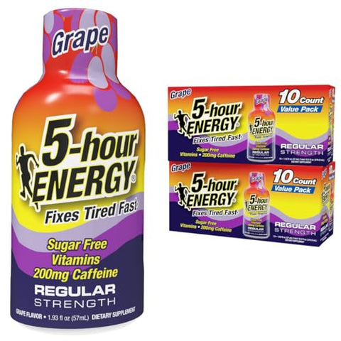 5Hour Energy Regular Strength Energy Shot 1.93Oz 20Pack " Sugar Caffeine Energy Booster With Bvitamins & Amino Acids " Zero Calorie (20 Bottles " Single Flavor Grape Regular Strength)