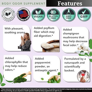 Natural Body Odor Eliminator Pills - Chlorophyll With Zinc, Champignon, Psyllium Fiber - Third Party Tested, 60 Vegan Capsules. Made In The Usa