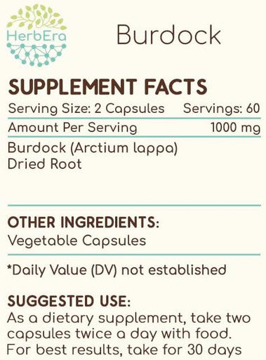 HerbEra Burdock 120 Capsules, 500 mg, Made with Burdock (Arctium Lappa) Dried Root (120 Capsules)