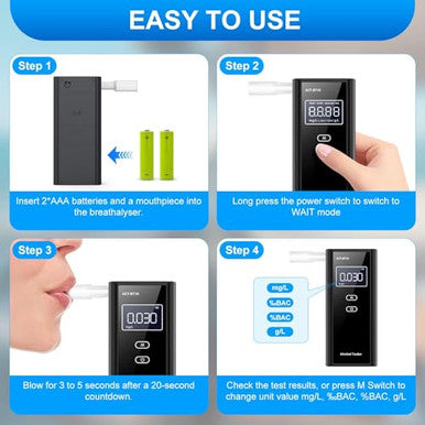 Homealexa Breathalyzer For Alcohol Portable Alcohol Tester With Digital Bac Display High Accuracy Sensor 3-5S Fast Test Personal Breathalyzer With 10 Mouthpieces For Home Party Use
