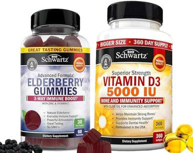 Bioschwartz Elderberry Gummies With Zinc And Vitamin C For Adults Immune Support (1 Month Supply) Plus High Strength Vitamin D3 5000 Iu 125 Mcg (1 Year Supply)