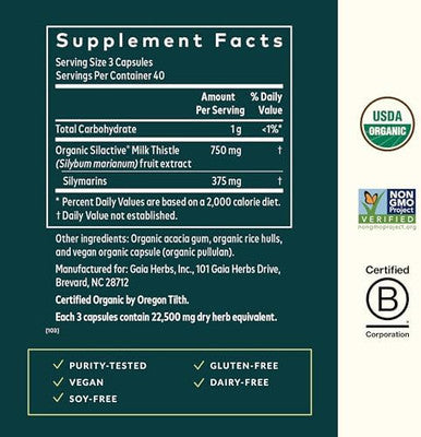 Gaia Herbs Milk Thistle Liver Supplement & Cleanse Support For Maintaining Healthy Liver Function 60 Vegan Capsules (20Day Supply)