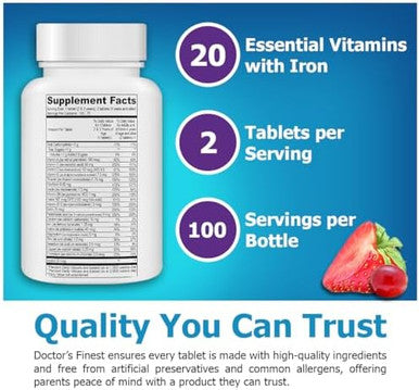 Doctor'S Finest Kids Multivitamin & Multimineral With Iron, Grape & Berry, 150 Chewable Tablets