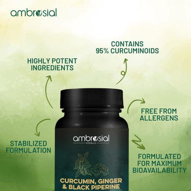 Ambrosial Ambrosial Curcumin with Piperine (Black Pepper) & Ginger | Turmeric supplement with 95% Curcuminoids for Joint Support | Highly Bioavailable & premium Antioxidant | 60 Vegan Capsules