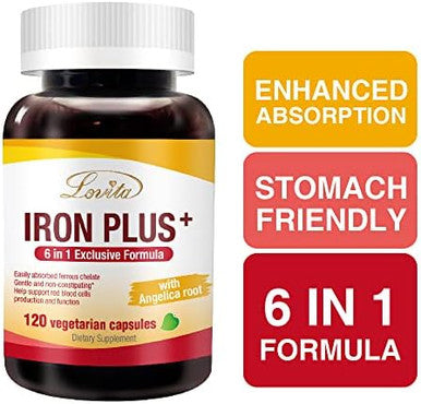 Lovita Iron 18 Mg, 6 In 1 Iron Supplement For Women, Vitamin C, Dong Quai & B12, Vegan Vitamin To Support Red Blood Cell Production Without Constipation, 120 Capsules