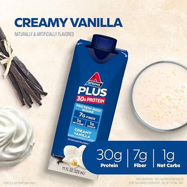 Atkins Creamy Vanilla 30G Protein 7G Fiber 1G Net Carb Shake 12 Count Bundle With Chai Tea Latte 15G Protein 3G Net Carb Shake