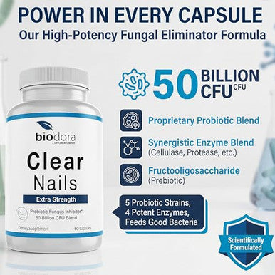 Biodora Oral Probiotic Antifungal Pills - Extra Strength Nail Fungus Eliminator | Toenail Fungal Inhibitor - Clear Nails Supplement | 50 Billion Cfu (60 Capsules)