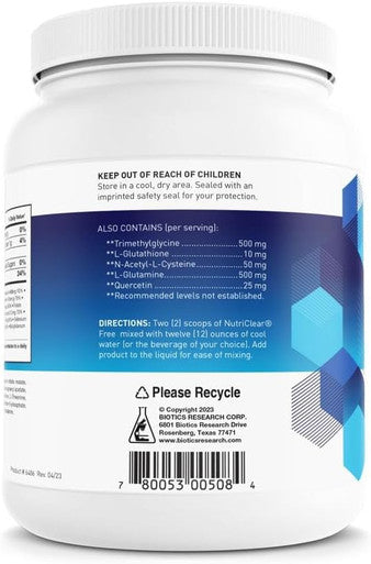Biotics Research NutriClear Easy-to-Use Powder. Nutritional Support for Detoxification and Metabolic Clearing. Glutathione. NAC. 17 g Organic Pea Protein Per Serving. Medium Chain Triglycerid