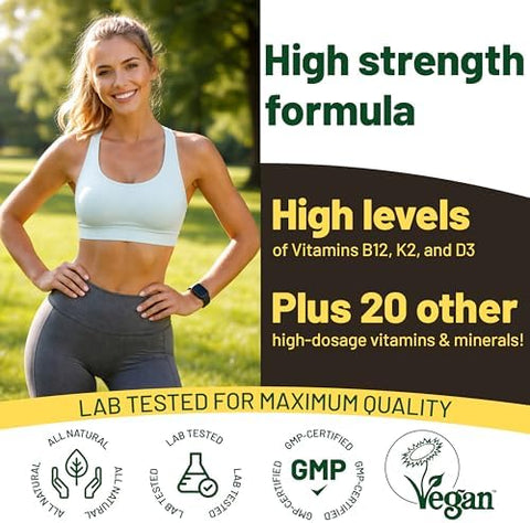 Vegan Vitality Multivitamins and Minerals for Women and Men with High Strength Vitamin B12 D3 and K2. 180 Vegan Multivitamin Tablets 6 Months Supply. Vitamins for Vegans. Women Multivitamin
