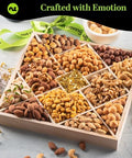 NUT CRAVINGS - Purim Mishloach Manot Mixed Nuts Gift Basket in Reusable Diamond Wooden Tray + Green Ribbon (12 Assortments) Ramadan Gifts Treats for Adults, Healthy Snack Care Package, Kosher