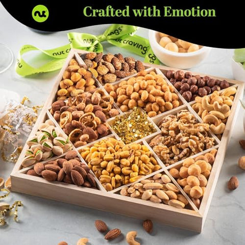 NUT CRAVINGS - Purim Mishloach Manot Mixed Nuts Gift Basket in Reusable Diamond Wooden Tray + Green Ribbon (12 Assortments) Ramadan Gifts Treats for Adults, Healthy Snack Care Package, Kosher