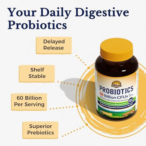 Vitalitown Probiotics + Prebiotics 60 Billion Cfus 19 Strains 60 Delayed Release Veg Caps Shelf Stable Prebiotics And Probiotics Digestive Health Immune Health Vegan Non-Gmo No Dairy