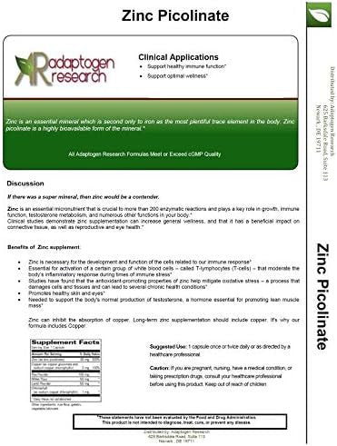 Zinc Picolinate 30 Mg Zinc Supplement For Growth And Immune Function 60 Capsules Adaptogen Research
