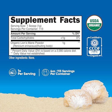 Nutricost Organic Lion'S Mane Mushroom Powder 1Lb Usda Organic