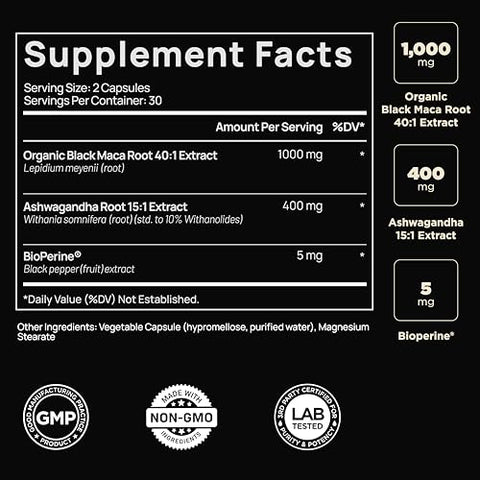 Terra Elmnt 40X Strength Organic Black Maca Root W. Ashwagandha - 1 Highest Potency Black Maca Root Capsules For Men Supplement 40 1 Extract - 100 Pure Maca Peruana Gelatinized Maca Root Powder Pills