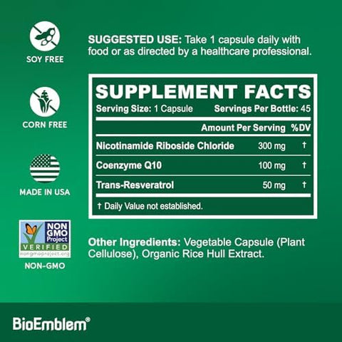 BioEmblem NAD+ Supplement 300 mg Nicotinamide Riboside with CoQ10 and Resveratrol Supports Healthy Aging Cellular Energy and Cognitive Function NonGMO Gluten Free 45 Capsules