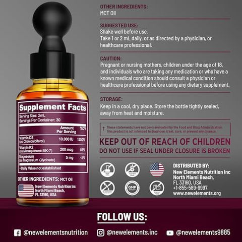 Elements Liquid Vitamin D3 K2 10.000 Iu With Magnesium Glycinate 5Mg Vit D3 K2 Drops For Adults Mk7 Vitamin K2 200Mcg Vitamin D3 + K2 Supplement For Men & Women Gluten Non-Gmo