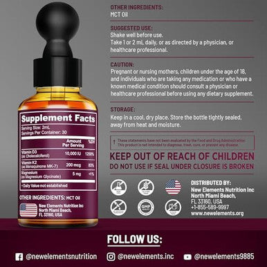 Elements Liquid Vitamin D3 K2 10.000 Iu With Magnesium Glycinate 5Mg Vit D3 K2 Drops For Adults Mk7 Vitamin K2 200Mcg Vitamin D3 + K2 Supplement For Men & Women Gluten Non-Gmo