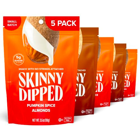 SkinnyDipped Maple Kiss and Pumpkin Spice Almonds Variety Pack Bundle, Healthy Snack, Plant Protein, Gluten Free, 3.5 oz Resealable Bags, Pack of 5, Limited Edition