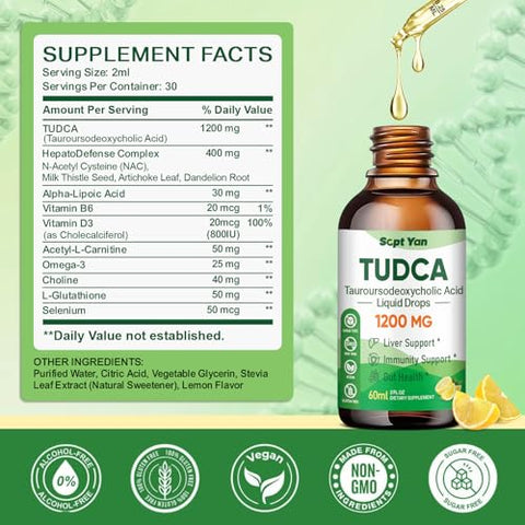 Sept Yan Tudca Supplement 1200Mg Liquid Drops Liver Supplement With Tudca Nac Milk Thistle Seed And Dandelion For Liver Support And Gallbladder Cleanse & Repair Sugar-Free Vegan Lemon Flavor 2 Fl Oz