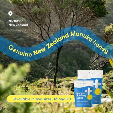 New Zealand Honey Co. Manuka Soothing Drops Lemon MGO 250+ (16 Count) + Raw Manuka Honey UMF 15+ MGO 514+ (8.8oz/250g)