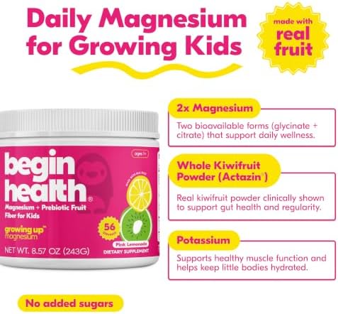 Begin Health Daily Growing Up Magnesium Drink for Kids Real Fruit Magnesium Powder with Electrolytes Prebiotic Fiber Kiwi and Inulin Pink Lemonade Flavor Ages 1+ 56 Servings