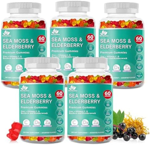 Bio Vitalica Sea Moss Gummies Elderberry Biovitalica Vitamin C D + Zinc Irish Seamoss Vegan Gummy With Sea Moss Gel & Powder For Immunity Detox For Adults And Kids (2Packs)