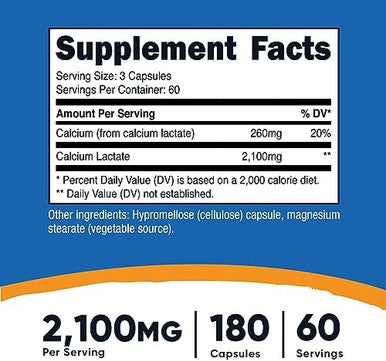 Nutricost Calcium Lactate 2100Mg 180 Capsules Vegan Nongmo And Gluten 60 Servings