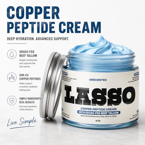 LASSO Copper Peptide Cream with Grass-Fed Beef Tallow (GHK-Cu) ÃƒÂ¢Ã¢â€šÂ¬Ã¢â‚¬Å“ Unscented Face Moisturizer for Women & Men, Hydrating Skin Cream with Manuka Honey, Jojoba Oil & Vitamin E, 2 oz