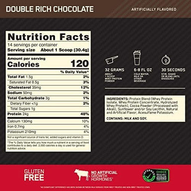 Optimum Nutrition Gold Standard 100% Whey Protein Powder Double Rich Chocolate (1 Lb.) Package May Vary