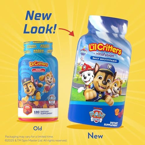 L'il Critters Paw Patrol Gummy Vites Daily Gummy Multivitamin for Kids Vitamin C D3 for Immune Support Cherry Orange and Blueberry Flavors 190 Gummies
