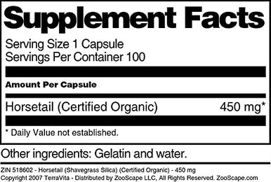 Terravita Horsetail (Shavegrass Silica) (Certified Organic) - 450 Mg (100 Capsules, Zin: 518602)
