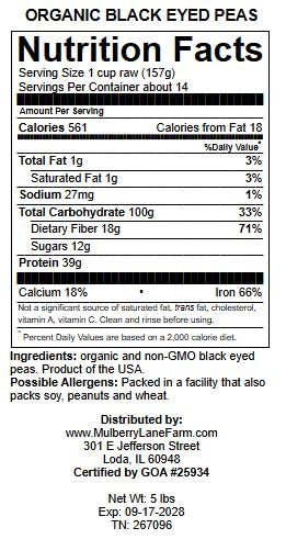 Black-eyed Peas, 5 Pounds (Beans), Dried, USDA Certified Organic, Non-GMO Bulk, Product of USA, Mulberry Lane Farms