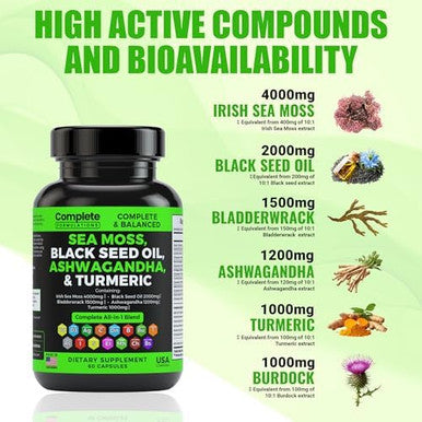 4000Mg Sea Moss Supplement Blend With Black Seed Oil 2000Mg Ashwagandha 1200Mg Turmeric 1000Mg Bladderwrack 1500Mg, Burdock 1000Mg & Vitamin C & D3 With Elderberry Manuka Dandelion Yellow Dock Iodine