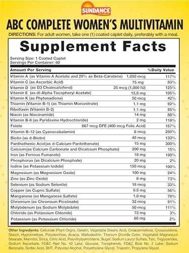 Sundance Women'S Abc Complete Multivitamin 60 Caplets With Mineral Formula Nongmo And Gluten Supplement