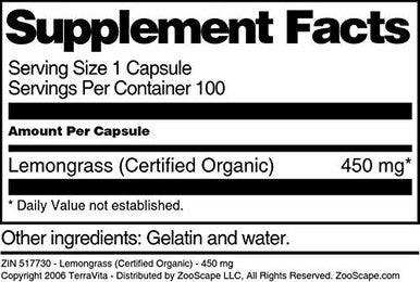 Terravita Lemongrass (Certified Organic) - 450 Mg (100 Capsules, Zin: 517730)