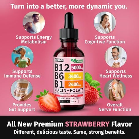 NUSAVA (4 Pack) Vitamin B12 Liquid Drops with B6 B12 Sublingual Vitamin B Complex Methylcobalamin 5000 mcg for Energy and Brain Support Strawberry 160 Servings