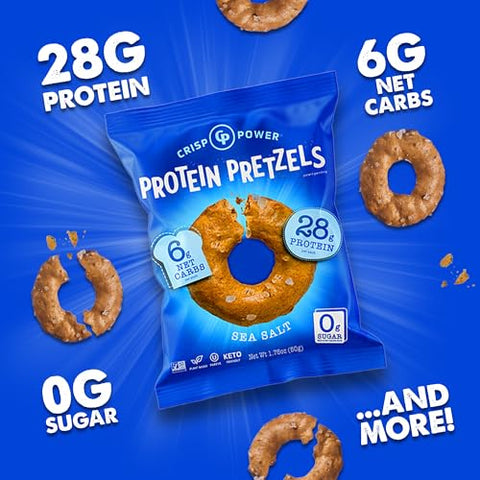 Crisp Power Protein Pretzel Snack Bundle Sea Salt Everything & Sesame (6 Packs Each) Up To 28G Protein Per Pack Low Carb Vegan Plantbased Keto Baked Savory Pretzel Bites