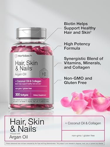 Horbaach Hair Skin and Nails Vitamins 300 Softgels with Biotin and Collagen Infused with Argan Oil and Coconut Oil NonGMO Gluten Free Supplement