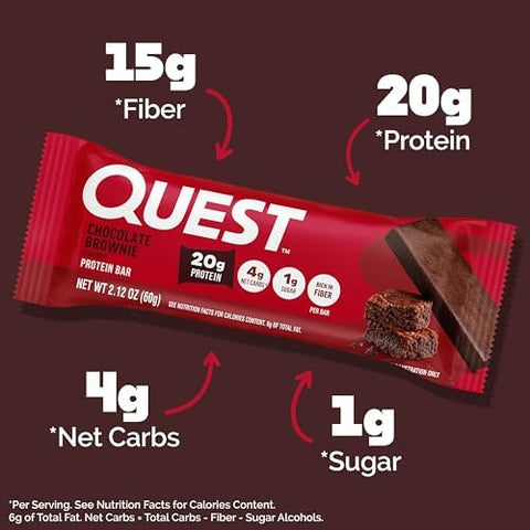 Quest Nutrition Chocolate Brownie Protein Bars, 20g Protein, 4g Net Carbs, 1g Sugar, High Fiber, Gluten Free, Keto Friendly, 4 Count