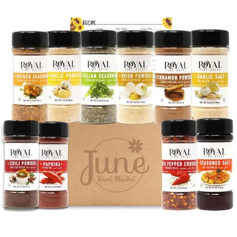 June Street Market 10 Piece Essentials Kitchen Starter Gift Set: Spices with Trilingual Labels (English, Spanish, Arabic) Includes Recipe Cards, Perfect for Cooking, Baking, or Gifting
