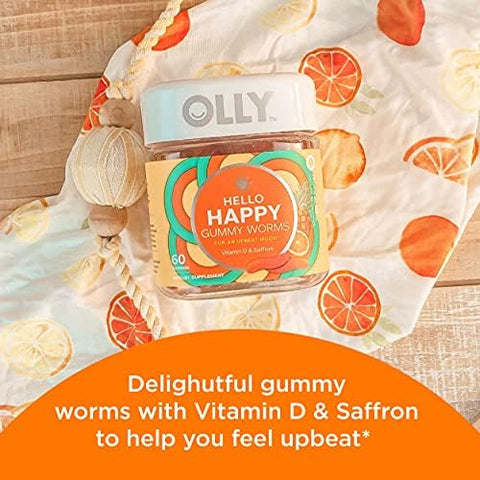 Olly Kids Chillax Magnesium Gummies Plus LTheanine Lemon Balm and Hello Happy Gummy Worms Mood Balance Support Vitamin D Saffron Adult Chewable Supplement Tropical Zing 60 Count