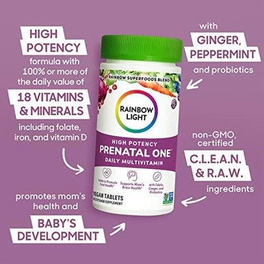 Rainbow Light Prenatal One High Potency Daily Multivitamin With Folate, Ginger And Probiotics Supports Mom And Baby From Conception To Nursing Vegan, 150 Tablets, Pack May Vary