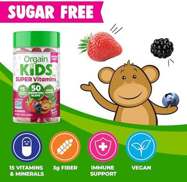 Orgain Kids Sugar Multivitamin Gummies Vegan & Plant Based 50 Superfoods 15 Vitamins And Minerals Immune Support And 3G Of Fiber Mixed Berry Ages 4+ 1 Month Supply (60 Gummies)